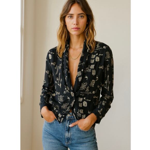 Vintage Liz Claiborne Teacher ABC’s Calligraphy Novelty Print Shawl Collar Top - Picture 6 of 9